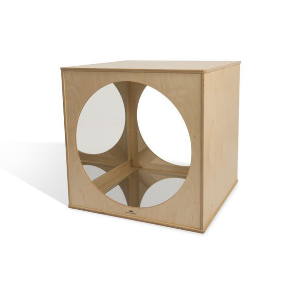 Whitney Brothers Toddler Kaleidoscope Play House Cube, wooden play house with circular mirror panels on each side.