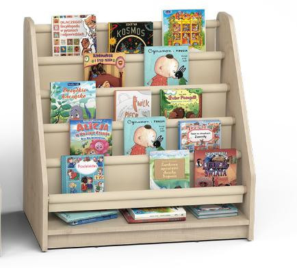 Moje Bambino Bookcase w/Fabric Partitions, a wooden children's bookcase with fabric partitions filled with colorful children's books.