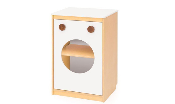 Moje Bambino Toy Washing Machine, children's pretend play toy with a circular door and a wooden finish.