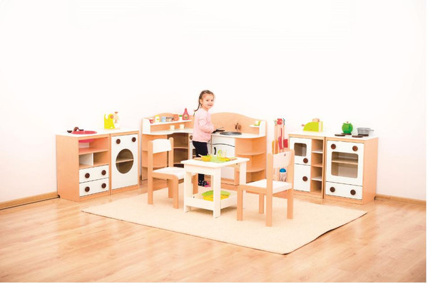 Moje Bambino Pretend Wooden Kitchen Sink, child playing with colorful pretend kitchen set in playroom