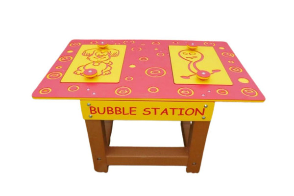 Infinity Playgrounds Bubble Station Activity Table, colorful children's activity table with bubble game featuring cartoon character illustrations on the surface.