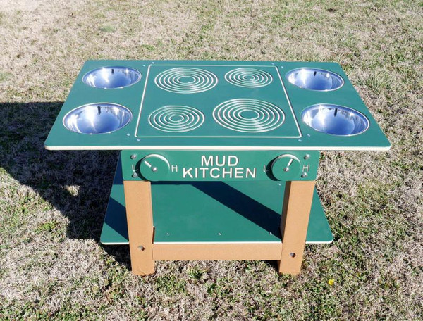 Infinity Playgrounds Island Mud Kitchen Commercial Play Table, outdoor children's play kitchen with metal stovetop and sink, sturdy wooden legs, perfect for outdoor imaginative play