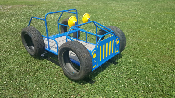 Infinity Playgrounds Jeep Playground Spring Rider, blue and yellow play structure resembling a jeep with tires, designed for children outdoor play.