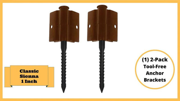 Product Frame It All Classic Sienna 1 inch Profile Anchor Joint, two brown anchoring brackets with black stakes for garden or landscape bed installation.