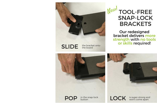 Frame It All Classic Sienna 1-inch Profile Anchor Joint, 2-pack, shown in a step-by-step process of connecting or securing the components with a slide, pop, and lock mechanism.