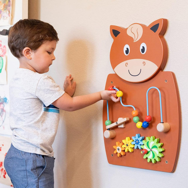 SPARK & WOW Horse Activity Wall Panel, a children's wooden toy with colorful beads and gears for educational play and motor skills development.