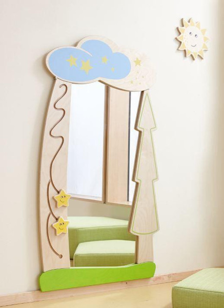 HABA Pro Starry Forest Interactive Wall Mirror, whimsical tree and cloud themed children's mirror with star and sun accents.