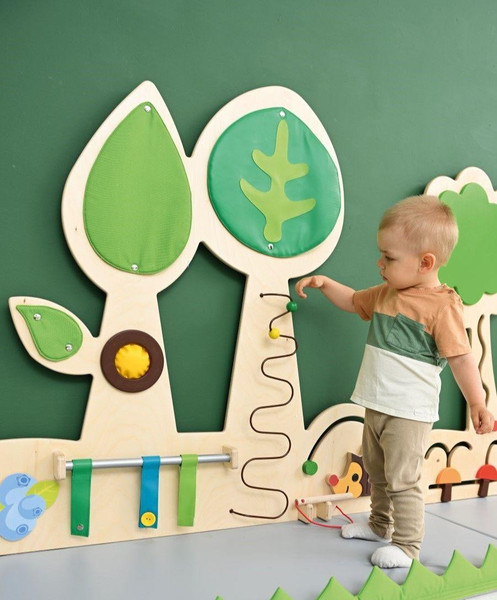 Moje Bambino Forest w/Hedgehog Sensory Wall Panel, interactive children’s sensory wall with touch-sensitive elements and colorful woodland design for early childhood development.