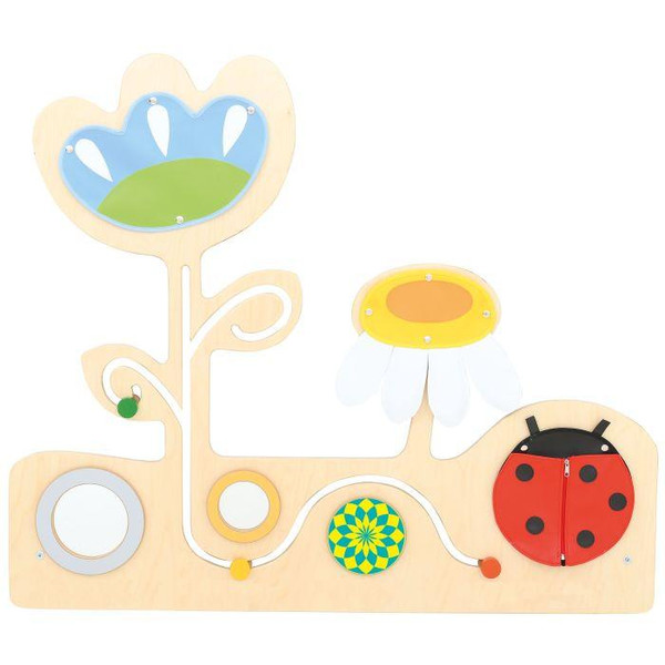 Moje Bambino Meadow with Ladybug Sensory Wall Panel, educational kids' wall decor featuring a ladybug, a flower with a bee, and playful sensory elements for children.