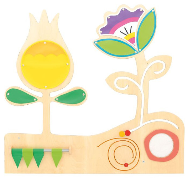 Moje Bambino Meadow Sensory Wall Panel, colorful wooden children's sensory activity panel with flower design, spinning elements, and textured features.