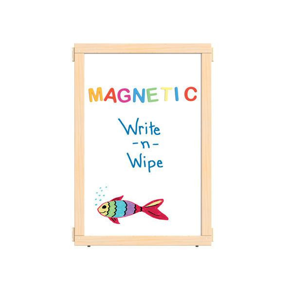 Jonti-Craft Magnetic Write-n-Wipe Classroom Divider Panel - KYDZ Suite® A-height - 24" Wide, wooden framed magnetic dry erase board with colorful text and a fish illustration for educational purposes.