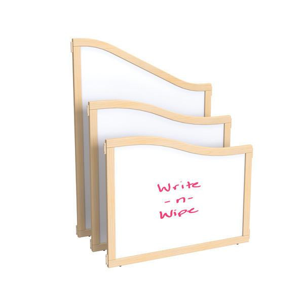 Jonti-Craft Write-n-Wipe Cascade Classroom Divider Panel - KYDZ Suite®- 36" Wide, three whiteboard panels with wooden frames, designed for classroom separation and writing activities.
