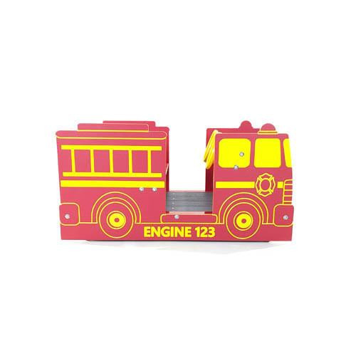 Playtime Playground Equipment Engine 123 Playground Firetruck, colorful wooden firetruck with bright yellow and red design and the text Engine 123 on the side.
