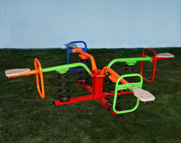 Playtime Playground Equipment Spyder Ryder Spring Toy, colorful multi-seat spring rider playground equipment with red, green, blue, and orange parts on a grassy surface
