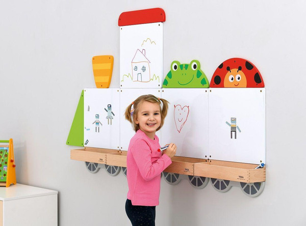 Moje Bambino Toddler Train Magnetic Board Set, colorful magnetic drawing board with fun animal and house illustrations, child drawing on the whiteboard.
