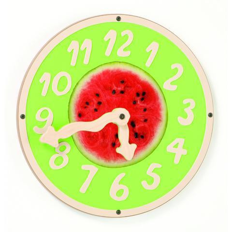 Playscapes Watermelon Wiggle Clock Wall Toy, colorful clock with a watermelon design at the center and bright green background.