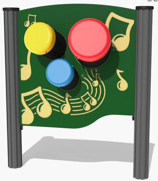 Playground Prodigy Genius Maker Musical Bongos Outdoor Play Panel, colorful outdoor musical instrument with three large, round, red, yellow, and blue drums on a green background with musical notes design.