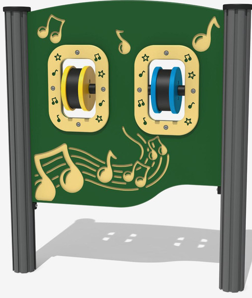 Playground Prodigy Spin Maracas Outdoor Musical Play Panel, with colorful yellow and blue maracas mounted on a green panel decorated with musical notes.
