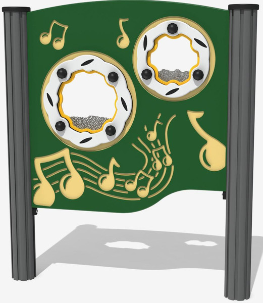 Playground Prodigy Shake it Up! Shaker Outdoor Musical Play Panel, a vibrant green outdoor play panel with musical notes and shaker components for interactive play.