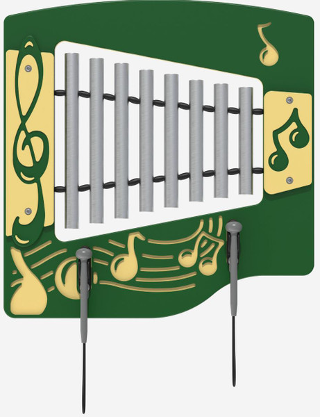 Playground Prodigy Genius Maker Glockenspiel Outdoor Musical Play Panel, green and yellow musical instrument panel with metal bars and musical notes design.