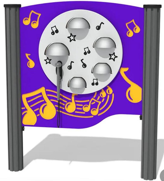 Playground Prodigy Genius Maker 5 Bells Outdoor Musical Play Panel, colorful outdoor musical play panel with five metal bells and musical notes design for children's playgrounds.