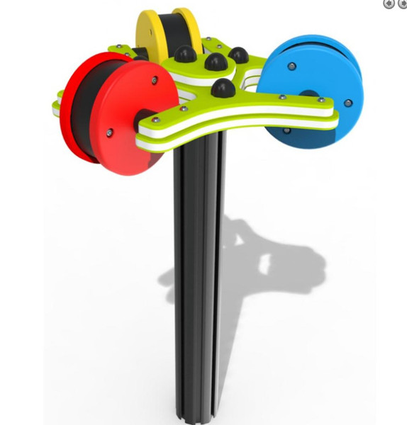 Playground Prodigy Genius Maker Musical Spin Maraca Tree, colorful playground equipment with spinning maraca elements in red, blue, and yellow for children's play and musical development.