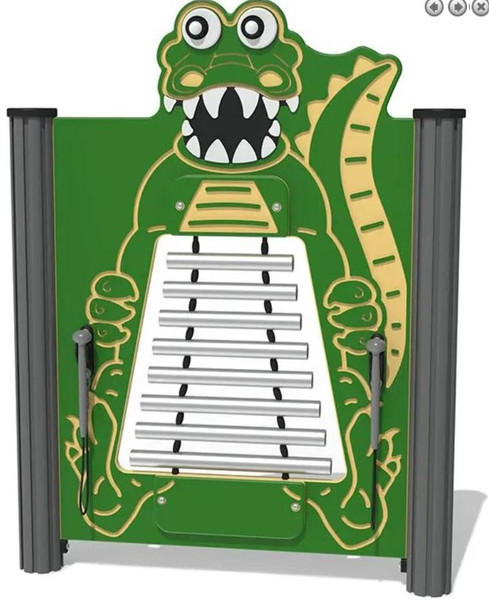 Playground Prodigy Corky the Croc Outdoor Musical Glockenspiel Panel, a colorful outdoor musical instrument for children featuring a green crocodile design with a slide and multiple metal bars for playing music.