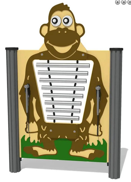 Playground Prodigy Max the Monkey Outdoor Musical Glockenspiel Panel, colorful playground musical instrument featuring a cheerful cartoon monkey with metal bars for kids to play.