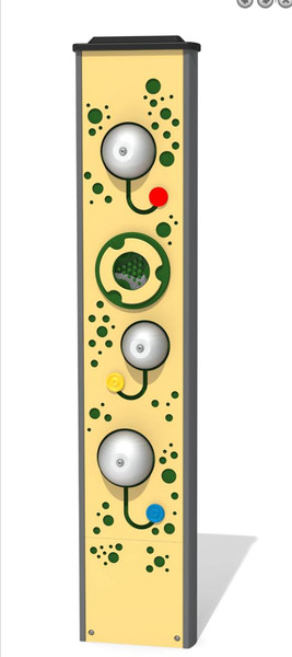 Playground Prodigy Musical Outdoor Education Post, colorful outdoor educational musical instrument for children's playground with various musical components and vibrant design.