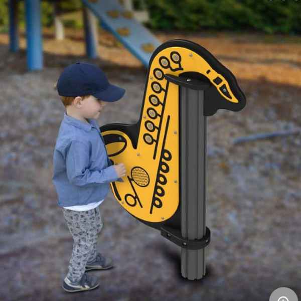Playground Prodigy ~ELECTRIFIED~ Playground Saxophone, a yellow and black musical-themed playground instrument designed for children to play music.