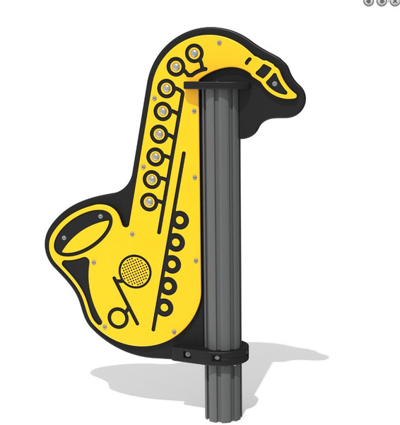 Playground Prodigy ~ELECTRIFIED~ Playground Saxophone, colorful play structure resembling a saxophone with a bright yellow and black design.