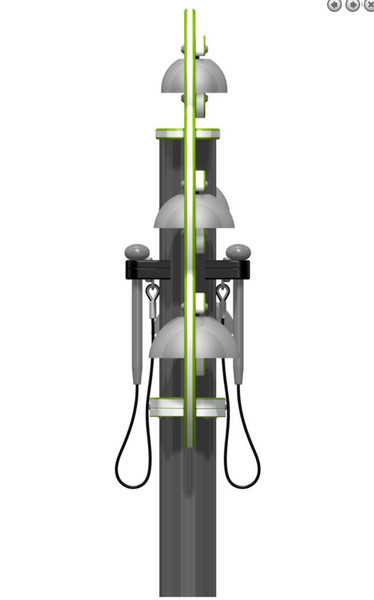 Playground Prodigy Genius Maker Outdoor Playground Musical 5 Bell Tree, close-up view of a vertical outdoor play equipment with five bells arranged in a row and a black pole at the bottom, designed for children's musical outdoor play.