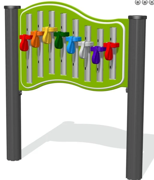 Playground Prodigy Genius Maker Musical Cam Chimes Playground Panel, colorful metal chimes with various hues mounted on a green and gray frame.