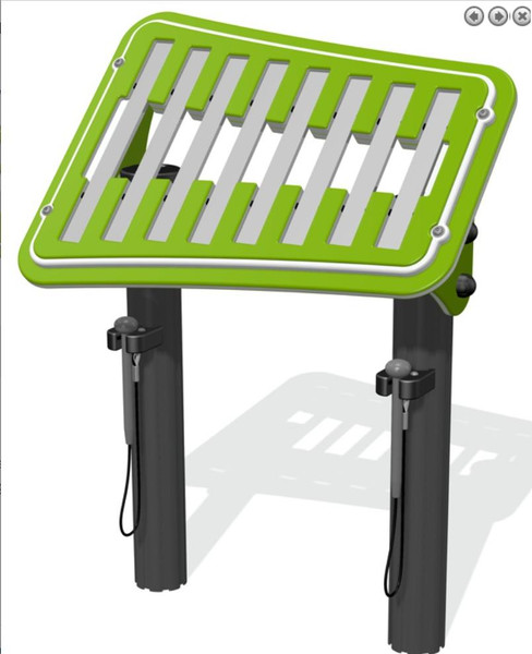 Playground Prodigy Genius Maker Musical Concert Flat Chimes Board, portable playground musical instrument with green and grey chimes and black support structure.