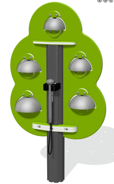 Playground Prodigy Genius Maker Ensemble #7, 3 Outdoor Instruments, an interactive outdoor musical instrument with four metal domed bells mounted on a green panel for children to play.