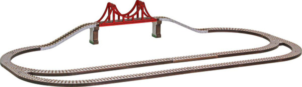 Maple Landmark Long Oval with Bridge Wooden Train Track Set, detailed wooden train track with bridge on a white background.