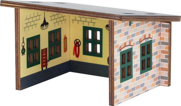 Maple Landmark Engine House for Wooden Train Sets, detailed wooden train accessory with brick and yellow painted walls, green window frames, and train-related accessories.