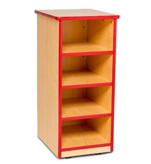 Playscapes Single Unit Mobile Gratnell Classroom Organizer, wooden storage unit with four open shelves and red trim for classroom organization and storage.