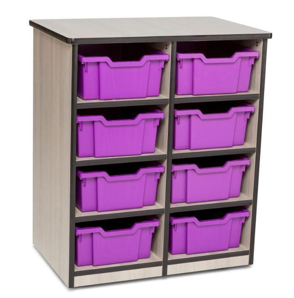 Playscapes Double Unit Mobile Gratnell Classroom Organizer, with eight purple storage bins arranged in two columns on a wooden shelf with a grey frame.