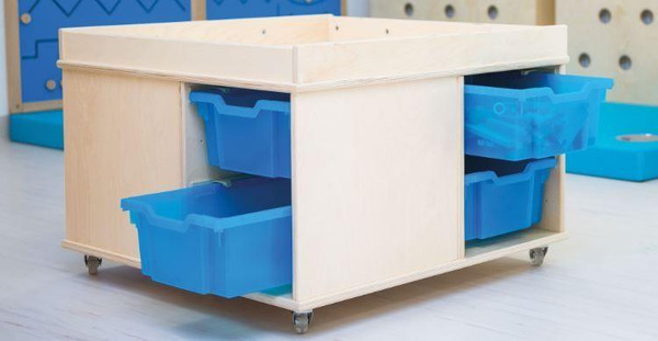 Novum Premium Classroom Low Multifunctional Activity Table with Wheels, wooden table with blue storage bins on wheels.