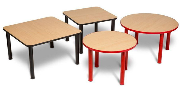 Playscapes Children's Classroom Tables - Square or Round, set of four wooden tables with black and red legs suitable for educational settings.
