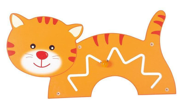 Moje Bambino Kitten Shift Sensory Wall Panel, colorful orange and white cat-shaped sensory wall toy with zigzag and straight lines for tactile exploration.