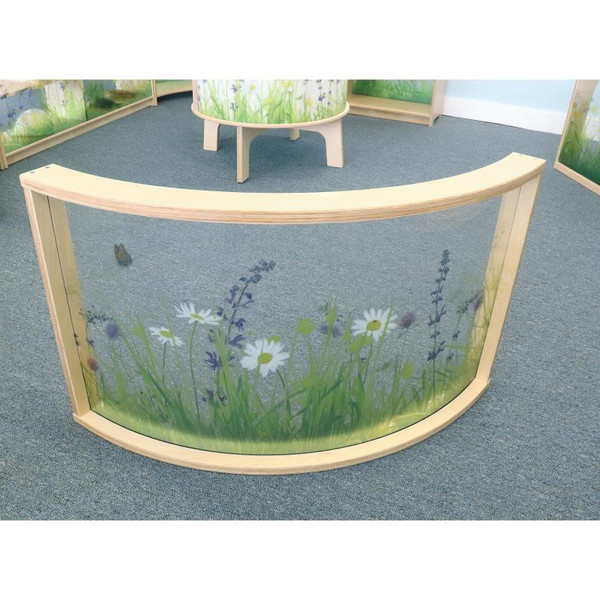 Whitney Brothers Nature View Curved Divider Panel 24" H, a wooden divider with a nature-themed design featuring daisies and grass, perfect for educational or play environments.