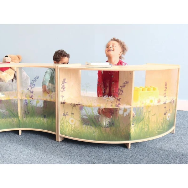 Whitney Brothers Nature View Curve Out Cabinet 24" H, a child-friendly curved wooden storage cabinet with nature-themed design, including floral and grass patterns, suitable for playrooms or educational spaces.