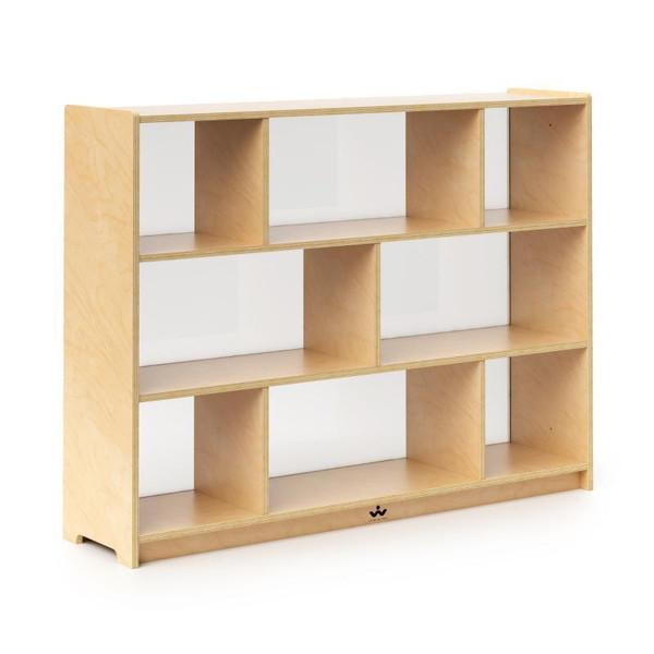 Whitney Brothers Acrylic Back Storage Cabinet 36 inches high, wooden multi-shelf storage unit with open cubbies, natural wood finish.
