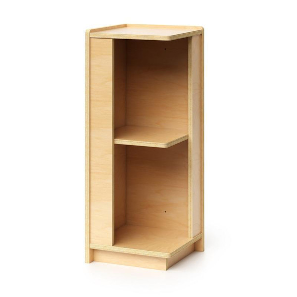Whitney Brothers Corner Storage Cabinet 30" H, wooden corner storage unit with two open shelves and a natural wood finish.