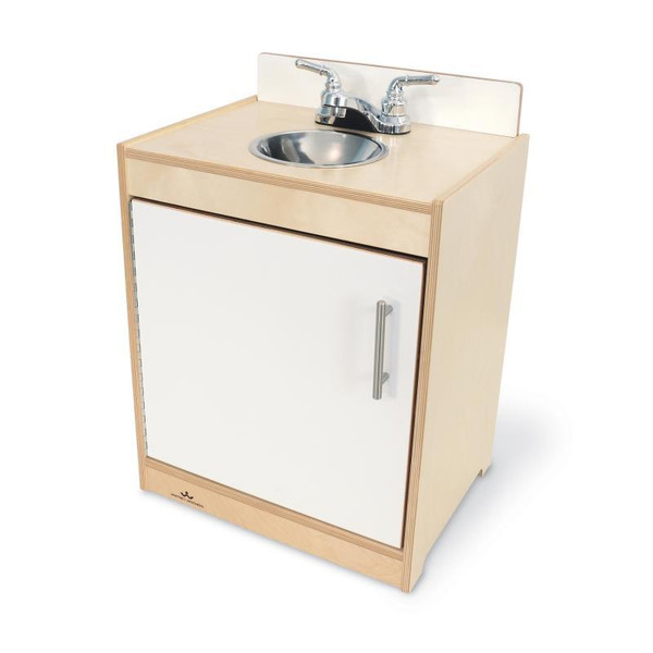 Whitney Brothers Contemporary White Kitchen Play Sink, Wooden play kitchen sink with a stainless steel basin and dual-handle faucet, designed for children's pretend play with a white cabinet and wooden sides.