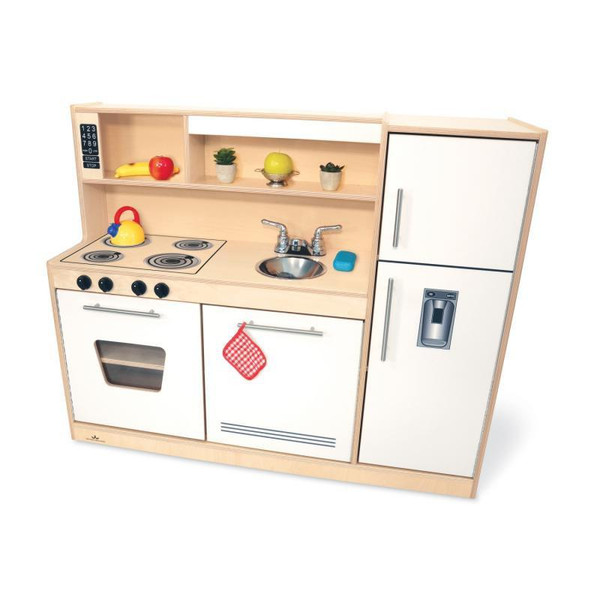 Whitney Brothers Contemporary White Play Kitchen Combo, a children's wooden pretend play kitchen with stove, oven, sink, refrigerator, and shelving for imaginative play.