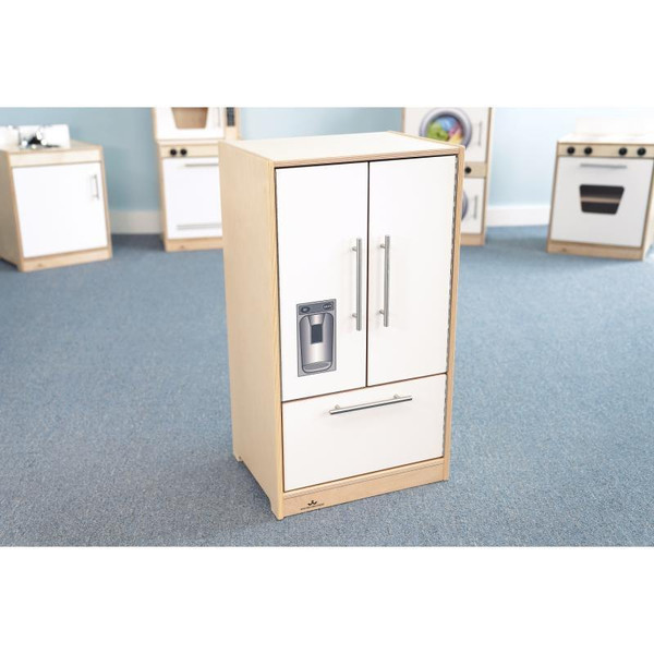 Whitney Brothers Contemporary White Toy Refrigerator, wooden toy refrigerator with white doors and silver handles, ideal for children's playroom or preschool setup.