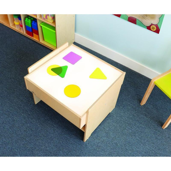 Whitney Brothers Superbright LED Kid's Light Table, illuminated table with colorful geometric shapes for children to play and learn.